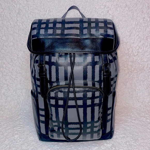 Coach Unisex Henry Wild Plaid Print Leather Large Backpack BookBag in Black Gray